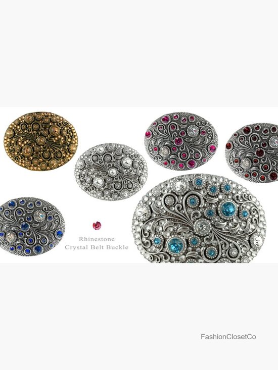 Oval Floral Engraved Rhinestone Belt Buckle with Swarovski Crystals